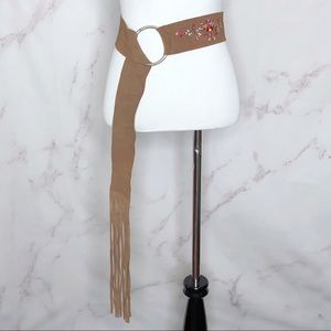 A&F Brown Suede Floral Embroidered Fringe Belt